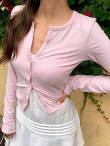 DAZY Women's Fitted Cropped Long Sleeve Ribbed T-Shirt - Pink - View 1