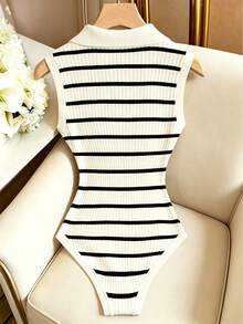 GlowEve Black And White Ribbed Polo Collar Ribbed Knit Fitted Versatile Bodysuit - Beige - View 2