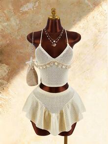 Amplova Women's Knitted 2 Pieces Set, Halter Backless Top With Starfish Shell Details, A-Line Mini Skirt White Summer Chic Boho Elegant Holiday Vacation Beach - Apricot - View 4
