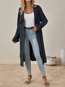 SHEIN Clasi Gabardina con manga raglán, doble botonadura y cinturón para otoño/invierno - Azul Marino - Ver 3