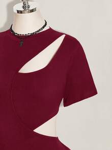 SHEIN ICON Women's Plus Size Solid Color Hollow Out Casual Versatile Daily Outing Short Sleeve Bodysuit - Burgundy - View 5