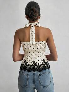 Firerie Top feminino sem mangas com decote halter, estampado de bolinhas e renda em contraste - Preto e Branco - Ver 3