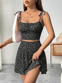 SHEIN Raffinéa Women's All-Over Print Camisole Top And Mini Skirt Casual Cottagecore Everyday Set Beach Black Floral Summer - Black - View 4