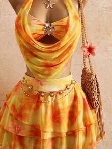 Bellisia 26SS Spring/Summer Vacation Romantic Yellow Orange Floral Print Swimsuit Set With Skirt 3 Pieces Set - Yellow - View 4