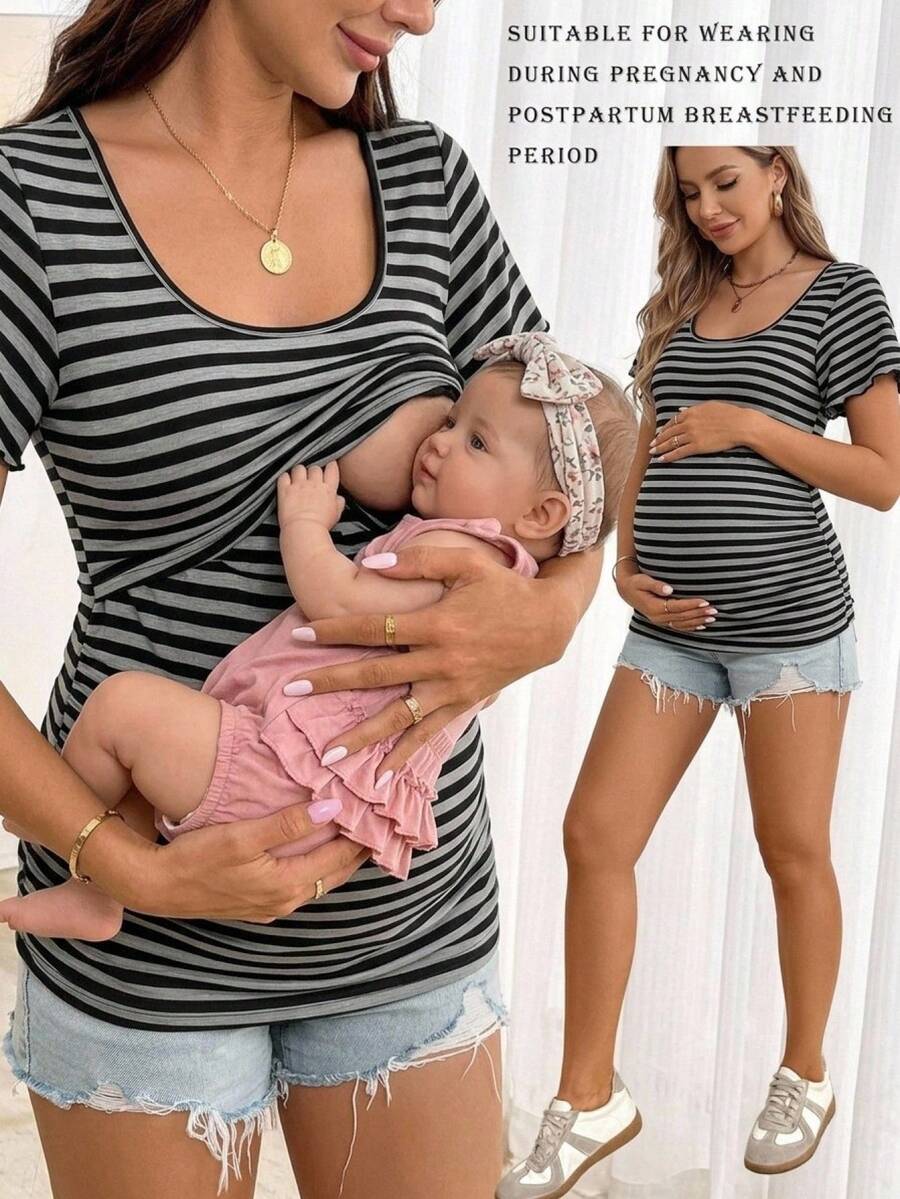 SHEIN 孕妇条纹哺乳功能休闲百搭日常短袖上衣 - 黑與白 - 查看 1