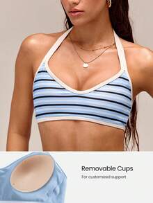GLOWMODE FeatherFit™ Bring The Heat Soft Lightweight Anti-Slip Halter Demi Sports Bra With Removable Cups Low Impact Yoga Pilates Studio Daily Active Wear - Blue - View 3