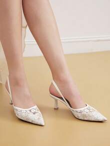 Eladyva Women's High Heel Pumps, White Bridal Shoes With Delicate Floral Decor, Pointed Toe Kitten Heel Slip-On Sandals - Beige - View 10