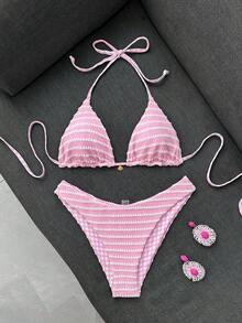 Swim Mod 女款甜美粉色花卉圖案雙色特殊雙層布料掛脖比基尼套裝，適合海灘度假 - 粉色 - 查看 3