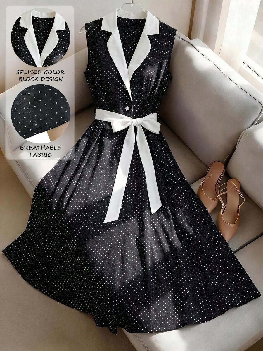SHEIN 女士时尚优雅日常波点无袖系带衬衫裙 - 黑與白 - 查看 1