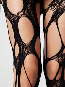 ROMWE Goth 1 Pair Of Punk-Style Black Stockings + Ripped Jacquard Pantyhose Combination, Suitable For Parties And Music Festivals. (Self Tearing Stockings) - Black jacquard ripped stockings - View 4
