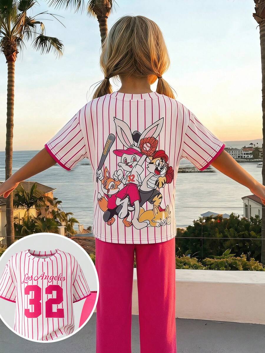 Set 2pcs/Set Anak Perempuan: Kaos Leher Bulat Bergaris Motif Hewan Lucu dan Legging, Cocok untuk Kembali ke Sekolah dan Liburan Musim Panas. - MultiWarna - View 1