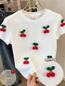 SHEIN 女童 1件 櫻桃刺繡休閒T恤，夏季 - 白色 - 查看 8