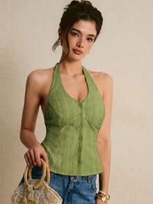 Poéselle Women's Solid Color Single-Breasted Casual Halter Neck Top - Green - View 7