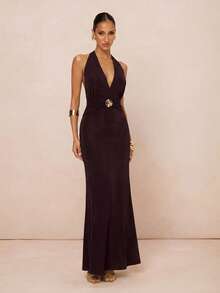 Lumalex Vestido longo justo ao corpo com decote em V, decote halter, laço, decoração metálica e bainha sereia para mulheres - Castanho - Ver 3