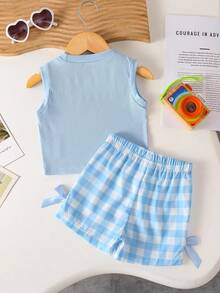 SHEIN Playful Pals BABY GIRL Summer Blue Set Textured Sleeveless Top Blue Plaid Shorts Decorated With Blue Bow Daily Outing Essential - Blue and White - View 2