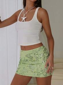 Glamine Women's Vacation Fashion Shiny Sequin Mini Skirt Floral Embroidery Romantic Girlisim Edgy Feminine Style Beach Golf Parties Summer - Green - View 11
