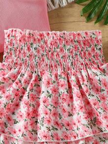 SHEIN Genkimix Kids Girls' Vacation Casual Halter Neck Sleeveless Fitted Solid Color Tank Top And Elastic Waist Floral Ruffle Tiered Skirt Set, Summer - Pink - View 6