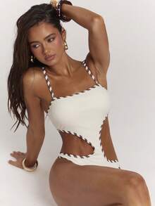 SHEIN BAE Women'S Summer Vacation Beach Patchwork Striped Hollow-Out Bandeau One-Piece Swimsuit Bathing Suits For Women One Piece Swimsuit Women - White - View 7