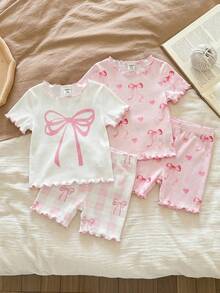 SHEIN LMoss Kids 女嬰夏季可愛花卉印花荷葉邊圓領短袖短褲休閒舒適貼身睡衣套裝 4件組 - 彩色 - 查看 3
