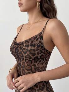 Rafferiza Women's Backless Hollow Out Strappy Leopard Print Nightgown, Draped Neck See-Through Homewear Dress - Multicolor - View 3