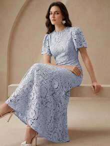 Anewsta Women's Elegant Water-Soluble Floral Hollow-Out Long Dress - Blue - View 5