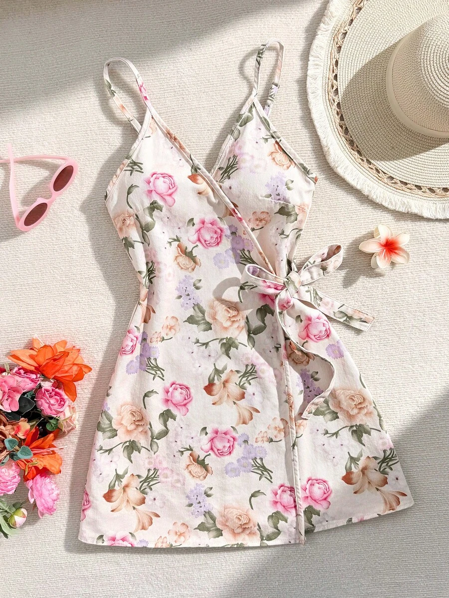 Soleia 女款夏季休閒碎花印花繫帶式裹身牛仔洋裝