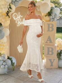 Loomaby Maternity Off-Shoulder Pleated Jacquard Elegant Dress,Gender Reveal Dress,Maternity Dress,Baby Shower Dress - Apricot - View 3