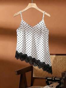 Modelyn Plus Size Women's Polka Dot Print Contrast Lace Hem Camisole Tank Top - Black and White - View 5