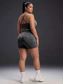 Powerista Ensemble de sport femme sans couture grande taille avec débardeur et short imprimé zèbre - Gris - Voir 2