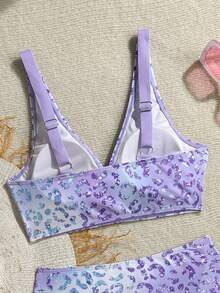Swim Lushoire Conjunto de traje de baño de dos piezas para mujer madura y conservadora, nuevo para primavera/verano, con estampado de leopardo degradado en color púrpura y doble tirante en los hombros - Multicolor - Ver 8