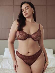 Slumbrini 1 Set Women Plus Size Solid Color Lace Underwire Comfortable Bra Set, Lift - Redwood - View 4