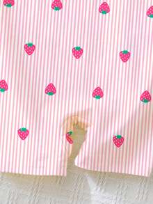 SHEIN Baby Girl Casual Simple Cute Pink & White Striped With Polka Dot Strawberry Pattern, Camisole Romper Shorts Suitable For Spring/Summer, Blind Box, Multi-Piece Set, Graphic, Kawaii, Cozy, Vintage, Chill Chill, Y2K, Squishy - Multicolor - View 5