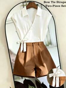 GlowEve CURVE Women's Elegant Summer 2-Piece Set, All White Brown Crossed Neck Tie Waist Shirt Shorts, Casual Vacation Office Brunch Bussines Outfit, Woven Solid - Multicolor - View 1