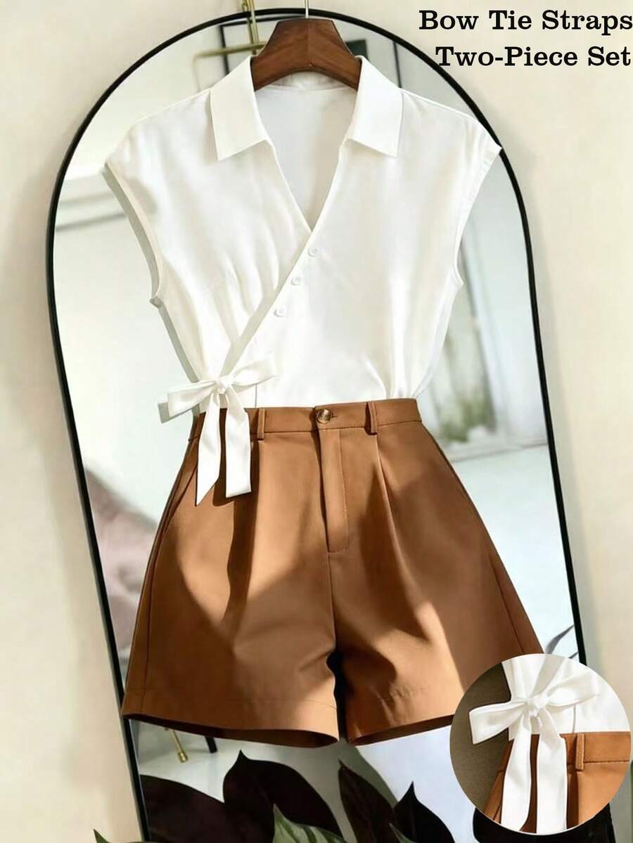GlowEve CURVE Women's Elegant Summer 2-Piece Set, All White Brown Crossed Neck Tie Waist Shirt Shorts, Casual Vacation Office Brunch Bussines Outfit, Woven Solid - Multicolor - View 1