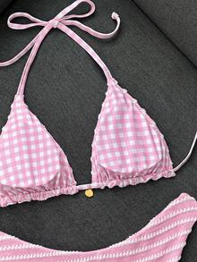 Swim Mod 女款甜美粉色花卉圖案雙色特殊雙層布料掛脖比基尼套裝，適合海灘度假 - 粉色 - 查看 6