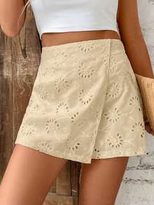 SHEIN Frenchy 女款度假休閒素色鏤空刺繡圍裹短褲 - 卡其色 - 查看 5