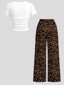 Conjunto de 2 piezas para niña con camiseta ajustada en la cintura y fruncida con estampado de leopardo retro, estilo Y2K, minimalista y casual, y pantalones holgados, adecuado para primavera/verano, uso diario, estilo callejero, salidas, regreso a clases, atuendos de primavera y verano, cómodo y fácil, conjunto casual de verano, niñas con estilo, conjunto de camiseta con gráfico de leopardo retro, moda de primavera y verano, estilo relajado y chic - Multicolor - Ver 2