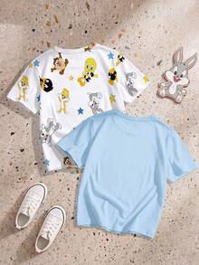 LOONEY TUNES X SHEIN GraphicGems Baby Boy Round Neck Cartoon Print Casual Versatile Daily Outing Short Sleeve Tops 2pcs/Set - Multicolor - View 2