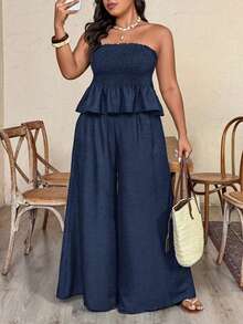 SHEIN CURVE+ Plus Size Women's Spring/Summer Vacation Style Crinkle Fabric Shirred Bandeau Top And Draped Wide Leg Pants 2-Piece Set - Navy Blue - View 4