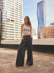 Aralina Pantalones de cintura ancha y tiro bajo con rayas finas para mujer, gris oscuro, elegantes y profesionales para oficina y trabajo en invierno, pantalones de pierna ancha a rayas para mujer - Multicolor - Ver 1