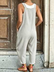 EMERY ROSE Solid Color Sleeveless U-Neck With Pocket Loose Summer Casual Jumpsuit - Light Grey - View 2