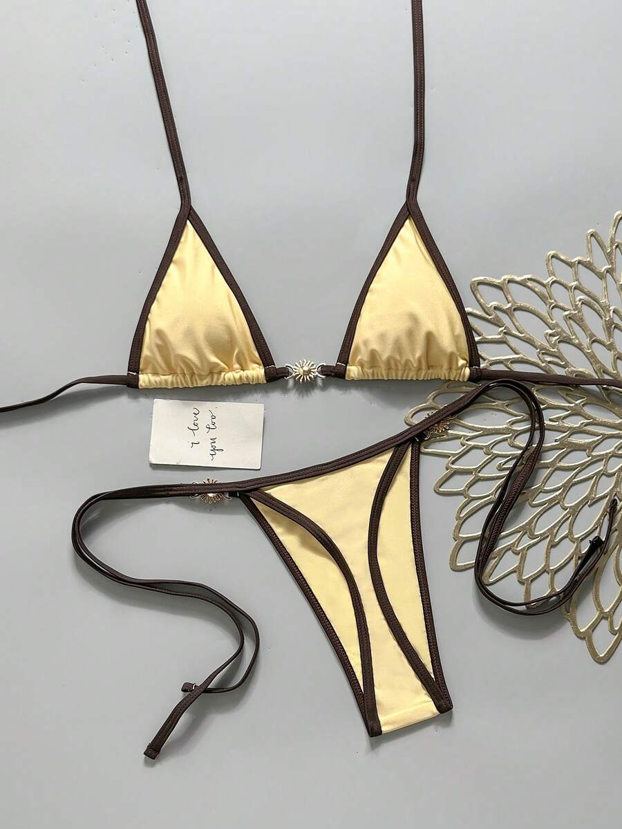 Bonvoyette 女款夏季海灘對比飾邊掛脖綁帶性感比基尼三角泳褲兩件式泳衣套裝 - 彩色 - 查看 1