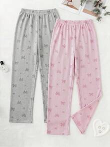 SHEIN 女款純棉 2 件組粉色&灰色波點條紋長褲家居服 舒適休閒多件裝睡褲套裝 - 彩色 - 查看 1