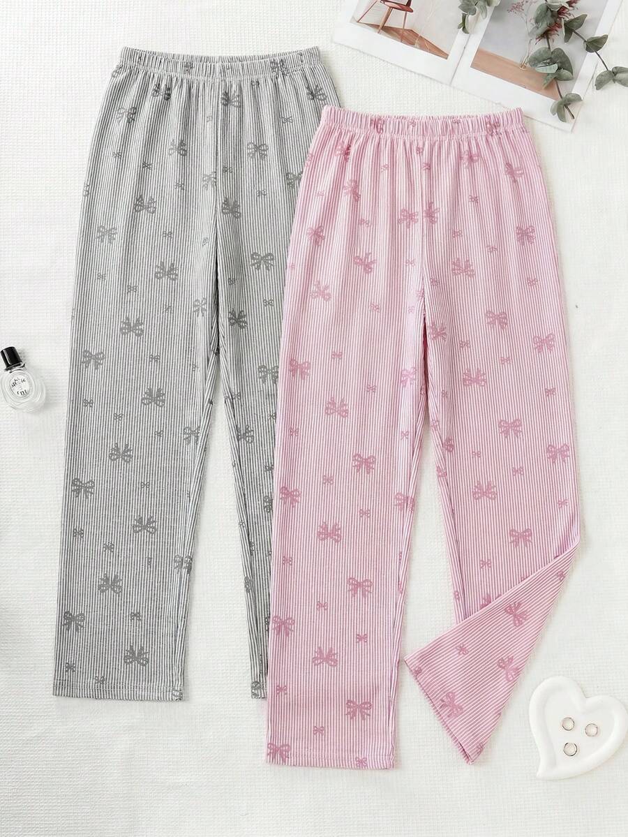 SHEIN 女款純棉 2 件組粉色&灰色波點條紋長褲家居服 舒適休閒多件裝睡褲套裝 - 彩色 - 查看 1