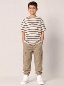 2件/套 青少年男孩休閒舒適百搭條紋印花短袖上衣與素色長褲套裝 - 彩色 - 查看 1