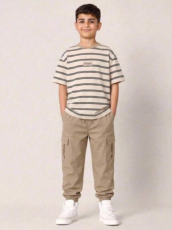 2件/套 青少年男孩休閒舒適百搭條紋印花短袖上衣與素色長褲套裝