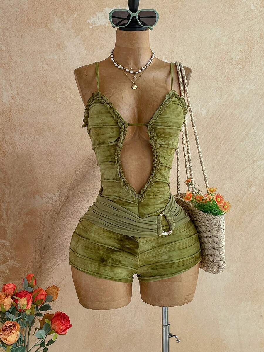 Soleia 女款性感紮染印花鏤空吊帶連身短褲度假風 - 彩色 - 查看 1