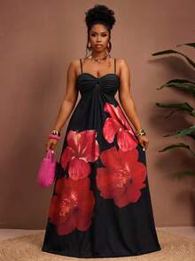 Truni Robe de style vacances décontractée et sexy pour femmes grandes tailles, base noire avec imprimé hibiscus hawaïen rouge, style vacances, pour morphologie poire et triangle - Noir - Voir 4