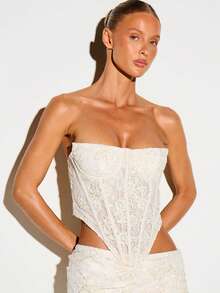 KIZN Strapless Lace Corset Crop Top With Boning Panels And Back Zipper Closure Floral Occasion - Apricot - View 5