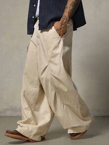 FRESIVO Pantalones largos holgados de pierna ancha con botones y bolsillos de unicolor de moda para hombres - Albaricoque - Ver 3